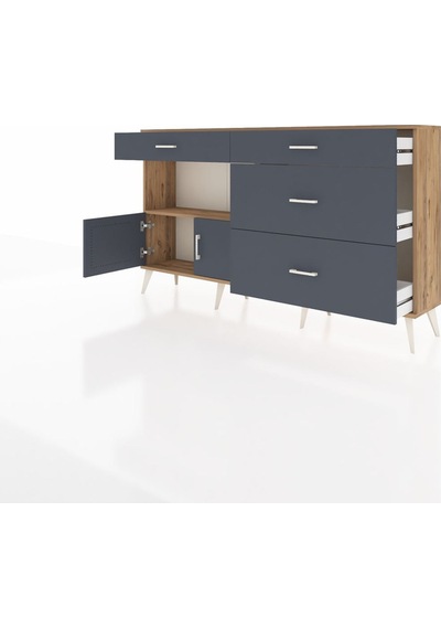 Arges Konsol Tek Raflı 4 Çekmeceli 2 Kapaklı 176x30x99 Çam-antras Çam-antrasit