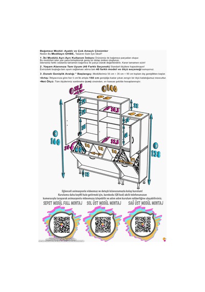 Efil 140 Cm 3 Kapaklı Raflı Ve 3 Bölmeli Sepetli Çok Amaçlı Banyo Dolabı - Beyaz 95+45 X160x32 Cm
