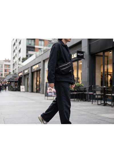 Ren.ga.renk Siyah Unisex Bel Çantası Çapraz Askılı Günlük Kullanım Fermuarlı 30x13 Cm Rengaren