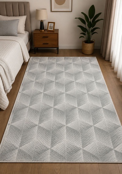 Kaymaz Taban Yıkanabilir Yumuşak Dokulu Modern Geometrik Gri Salon Halısı