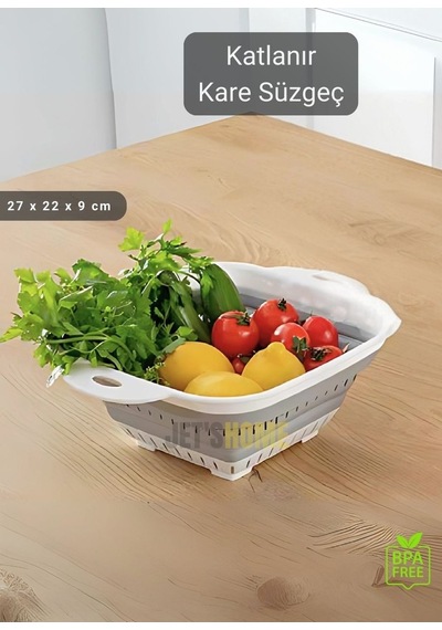 Katlanır Süzgeç Bpa Free Makarna Süzgeci Sebze Süzgeci Kare Süzgeç 27x22x9 Cm Beyaz Gri