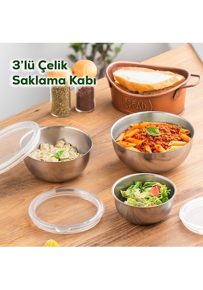Devigo Şeffaf Sızdırmaz Kapaklı Paslanmaz Çelik Saklama Kabı Seti Gümüş 3 Adet Gümüş