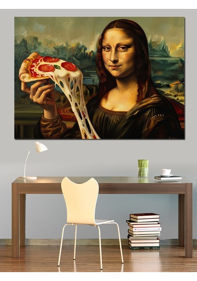 Pizza Dilimi Tutan Mona Lisa Dekoratif Kanvas - Mdf Ahşap Tablo