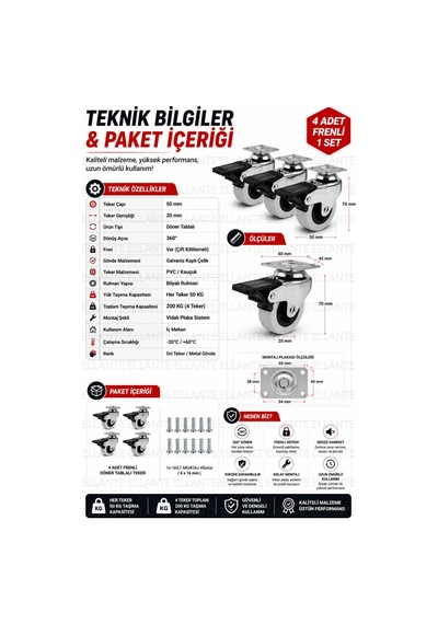 4 Adet Frenli Döner Tablalı 50 Mm Bilyalı Mobilya Tekeri 360 Döner Masa Dolap Sehpa Tekeri Ağır Yük Çok Renkli