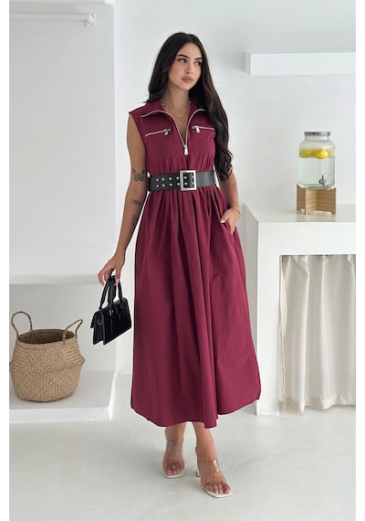 Asprin Fashion Paraşüt Kumaş Kemerli Elbise Bordo Bordo