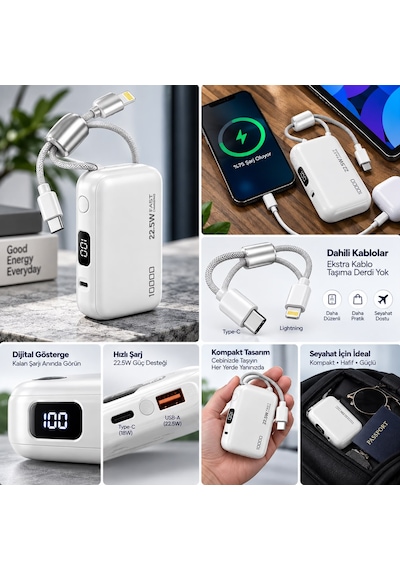 Samsung Galaxy A52 / A52s 5g / A72uyumlu 10.000 Mah Çift Dahili Kablolu Mini Powerbank 22.5w Hızlı Şarj Taşınabilir Batarya Siyah