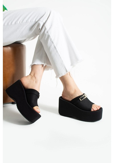 Dabab Shoes Lunara Kadın 3'lü Paket Tokalı 10 Cm Platform Topuklu Kalın Taban Terlik Sandalet Taba - Kahve - Siyah Kahverengi - Taba