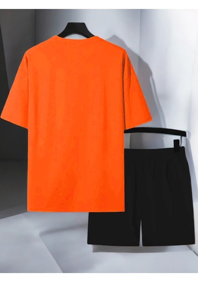 Uyguntarz Unisex Cep Kalp Baskılı Tasarım Şort Takım Turuncu