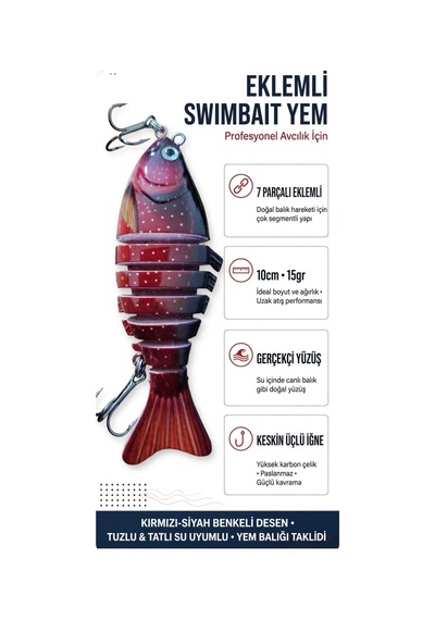 7 Parçalı Eklemli Swimbait At Çek 15 Gr 10 Cm Kırmızı Siyah Yüzüşlü 3d Gözlü Çift Üçlü Iğneli