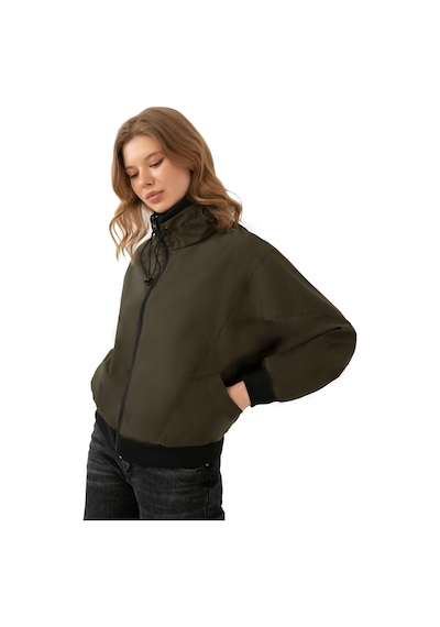 Kadın Dik Yaka Su Ve Rüzgar Geçirmez Oversize Crop Mevsimlik Yağmurluk Rüzgarlık-60 Haki