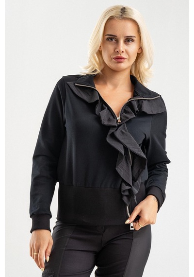Bold & Young Siyah Volan Detaylı Fermuarlı Şık Sweat Ceket