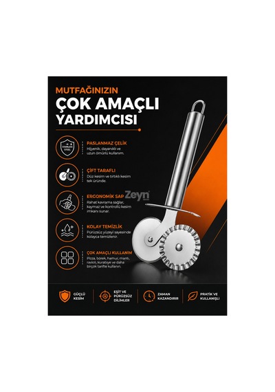 Paslanmaz Çelik Çift Taraflı Pizza Ve Hamur Kesici Metal Ravioli, Börek Ve Kurabiye Kesme Ruleti Gri