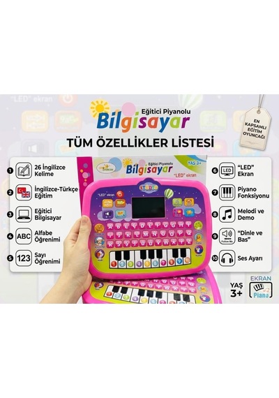 Eğitici Piyanolu Sesli Işıklı Led Ekranlı İngilizce Türkçe 26 Kelime Çocuk Bilgisayarı Pembe