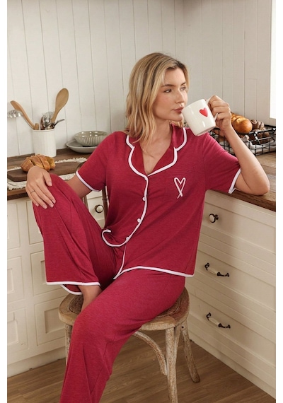 Bella Notte Bordo Düğme Ve Kalp Detaylı Kısa Kollu Pijama Takımı