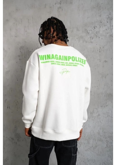 Erkek Oversize Sweatshirt Ön Ve Sırt Baskılı 3 İplik Pamuklu - Beyaz