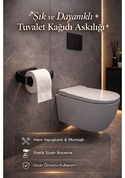 Alper Banyo Siyah Yapışkanlı Lüks Lamalı Tuvalet Kağıtlığı
