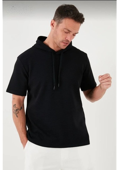 Erkek Kapüşonlu Tişört Kısa Kol Düz Oversize T-shirt - Siyah