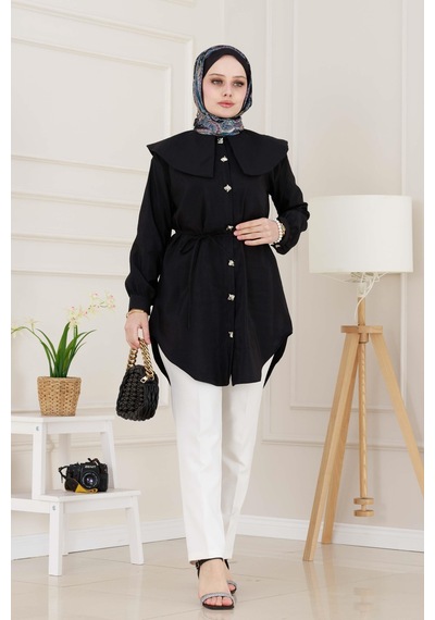 Sevitli Beli Bağcık Detaylı Geniş Yaka Tunik-siyah-4988 Siyah