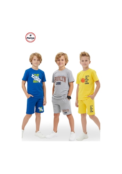 Fyk Kids 3'lü Bisiklet Yaka Baskı Detaylı Renkli Kaprili Erkek Çocuk 6 Parça Alt Üst Takım Çok Renkli