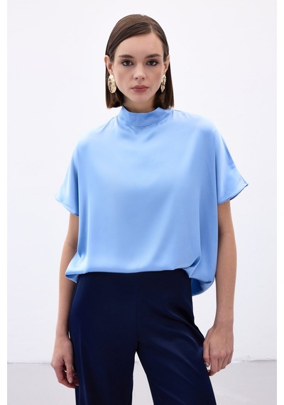 Sateen Yarasa Kol Salaş Bluz - Bebe Mavi-136539 Bebe Mavi