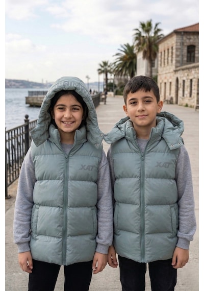 Pina Kids Unisex Çıtçıt Kapüşonlu Baskılı Şişme Yelek Mint Yeşili