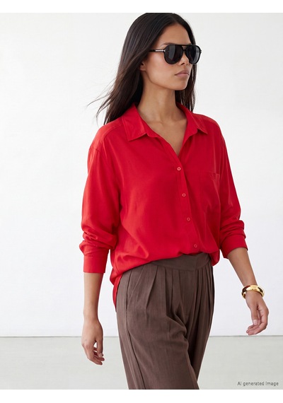Lcw Modest Kırmızı Modal Karışımlı Oversize Kadın Gömlek
