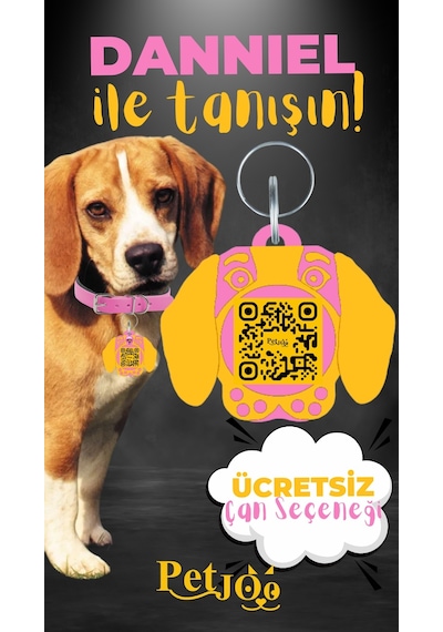 Petjoo 21.Danniel Sarı-Pembe Qr'lı Köpek Künyesi