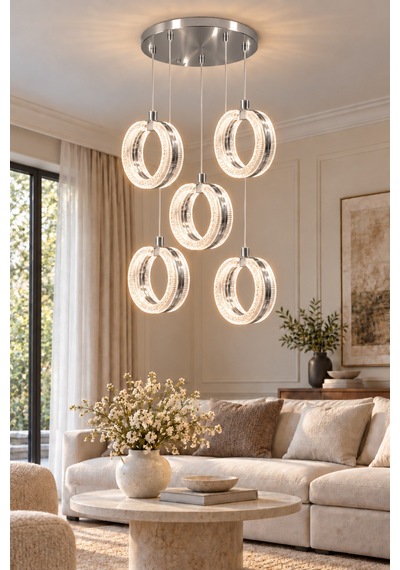 Queen Modern Gold Tasarım 5'li Uzaktan Kumandalı 3 Renk Sarı Günışığı Ve Beyaz - Ledli Banyo - Mutfak - Salon Ledli Sarkıt Avize Gümüş Gümüş