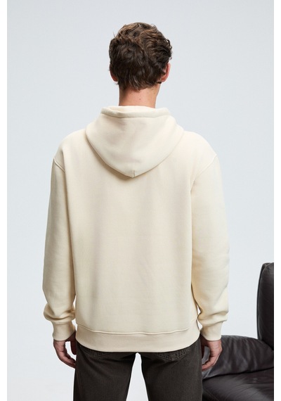 Grimelange JUSTUS Erkek Kapüşonlu Kanguru Cepli Fermuar Yakalı Krem Sweatshirt