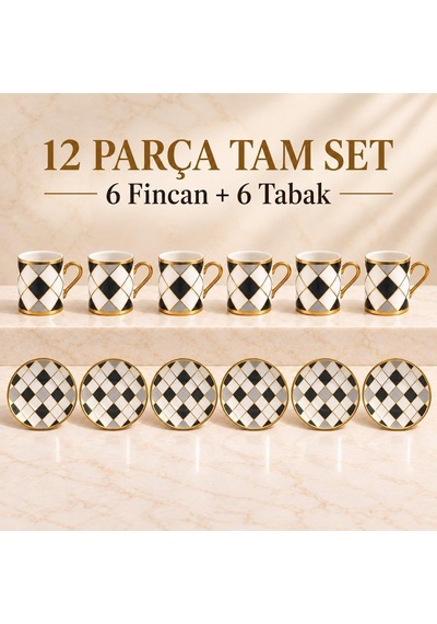 Tr 6 Kişilik 12 Parça Türk Kahvesi Fincan Seti Gold Kulplu Siyah Beyaz Baklava Desen K654-c Diğer