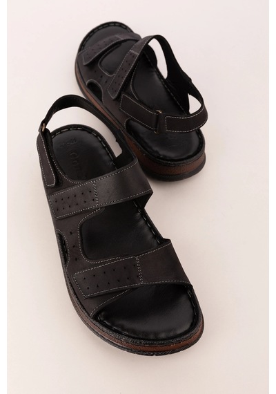 Gondol Unisex Hakiki Deri Cırtlı Ayarlanabilir Rahat Sandalet Hkm.31 Siyah