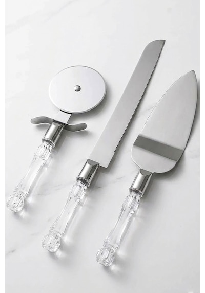Thentech 3lü Kristal Görünümlü Saplı Çelik Servis Seti Pizza Kesici Kek Bıçağı Pasta Spatulası Çeyizlik Gri