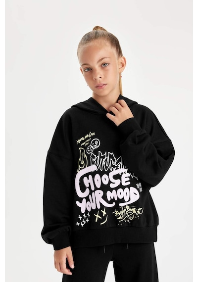 DeFacto Kız Çocuk Siyah Oversize Geniş Kalıp Kapüşonlu Baskılı Sweatshirt D0614A824AUBK81 Siyah