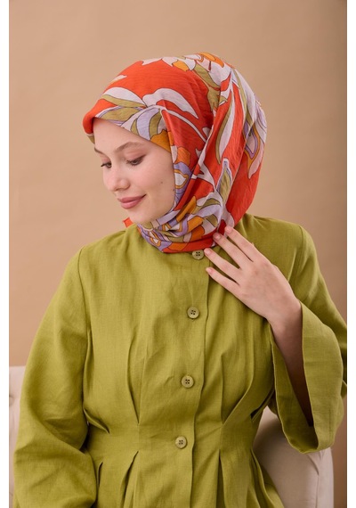 Silk Home Olinda İpek Eşarp 47003-17 Parlak Turuncu, Lila, Yağ Yeşili, Mor, Krem