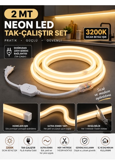 2 Metre 220volt Tak Çalıştır Gün Işığı Yüksek Performanslı 3200k Neon Led Fişli Trafo Gerektirmez Esnek Led Günışığı 3000-3200K
