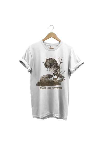 Avcılık Hunter Ağaçlı English Setter Çulluk Yazı Baskılı %100 Pamuk Regular Fit Beyaz T-shirt Beyaz