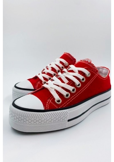 Skywalk Keten Kırmızı Yüksek Taban Sneaker Spor Ayakkabı Kırmızı
