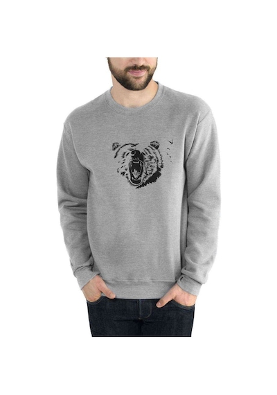 Bear Anime Owl Baskılı Gri Erkek Örme Sweatshirt