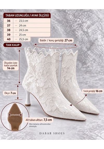 Dabab Shoes Mona Kadın Beyaz Dantel İşlemeli Sivri Burun Sıcak Astarlı Fermuarlı 7 Cm İnce Topuklu Bot Bootie