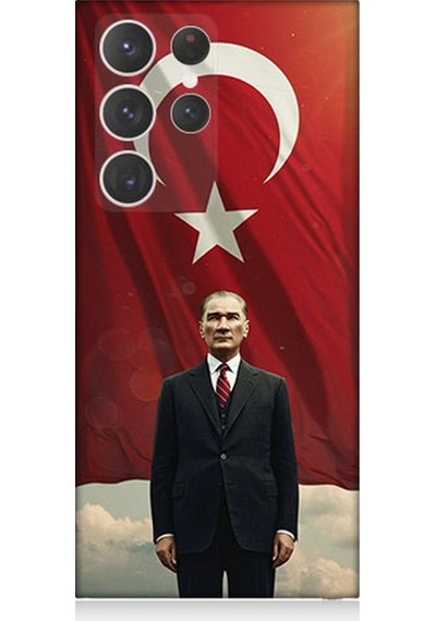 Samsung Galaxy S23 Ultra Uyumlu Bayrak Önünde Güçlü Atatürk Desenli Silikon Kılıf Çok Renkli
