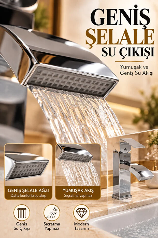 Lavabo Bataryası Şelale Akışlı Krom Banyo Lavabo Musluğu Modern Armatür