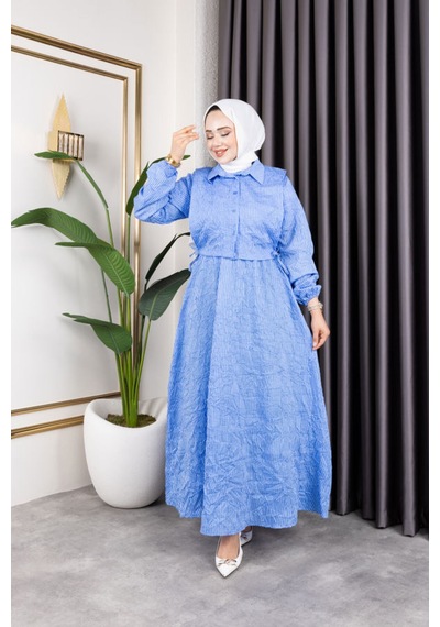 Hira Life Fashion Kadın Mavi Tesettür Giyim Gömlek Detaylı Çizgili Viskon Kıraş Elbise İkili Takım Mavi Mavi Hira Life Fashion Kadın Mavi Tesettür Giyim Gömlek Detaylı Çizgili Viskon Kıraş Elbise İkili Takım Mavi Mavi