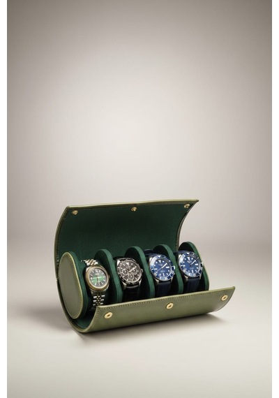 4 Lü Deri Saat Kutusu Silindir Tasarım Taşınabilir Saat Saklama Organizer 24x11x7 Cm Haki