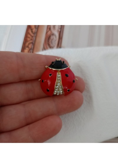 Lente Aksesuar Taşlı Uğur Böceği Broş - Şansın Simgesi Yaka İğnesi Çok Renkli