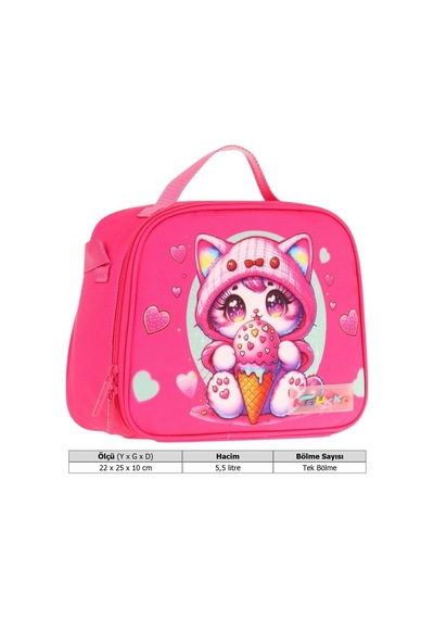 Kaukko Kids Kız Çocuk Isı Yalıtımlı Okul/piknik Beslenme Çantası Dondurma Yiyen Kedi L7250 Fuşya