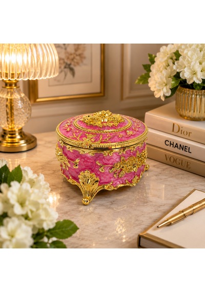 Yuvarlak Renkli Gold İşlemeli Mücevher Kutusu Pembe