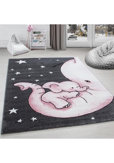 Yıldız Ve Fil Desenli Çocuk Halısı Gri-pembe-beyaz Gri - Pembe
