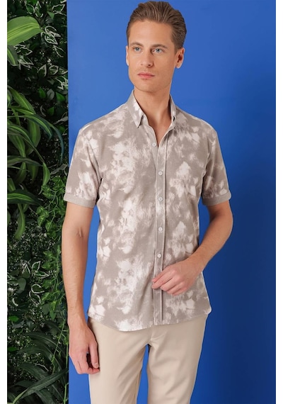 Efor Slim Fit Düğmeli Yaka Batik Desenli Kısa Kol Pamuk Bej Gömlek G 1502 Bej