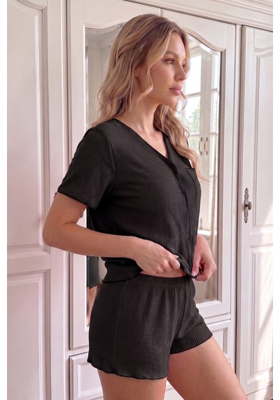 Bella Notte Siyah Kısa Kollu V Yaka Biye Detaylı Pijama Takımı