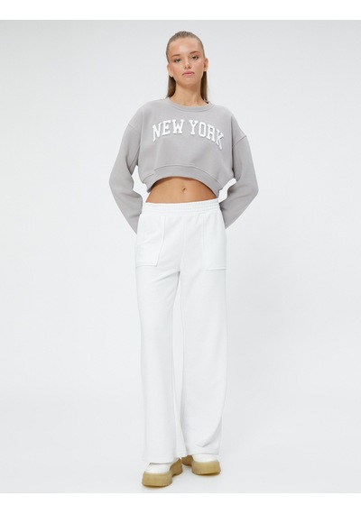 Koton Şardonlu Crop Sweatshirt Slogan Baskılı Rahat Kesim Uzun Kollu Gri 4wal10188ık Gri